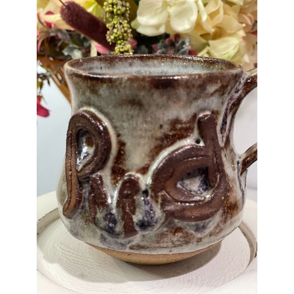 Handcrafted Brown & Cream Glazed Ceramic Mug With Raised Text Set 2 - Picture 3 of 13